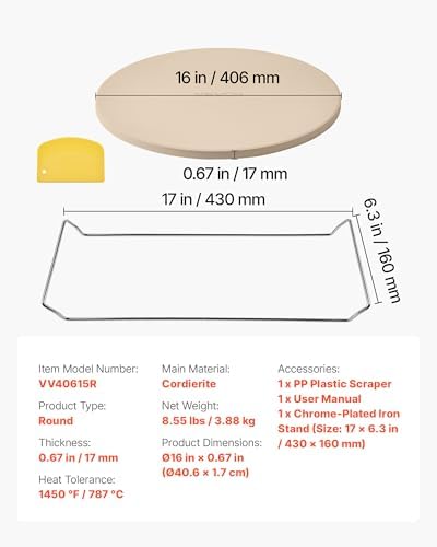 VEVOR Pizza Stone, 16 in Round Pizza Stone, 0.67" Thick Extra Large Baking-Stone with Rack Stand, 1450℉ Heat-Resistant Cooking Stones, for Kitchen Oven, Baking Pizzas, BBQ Grill