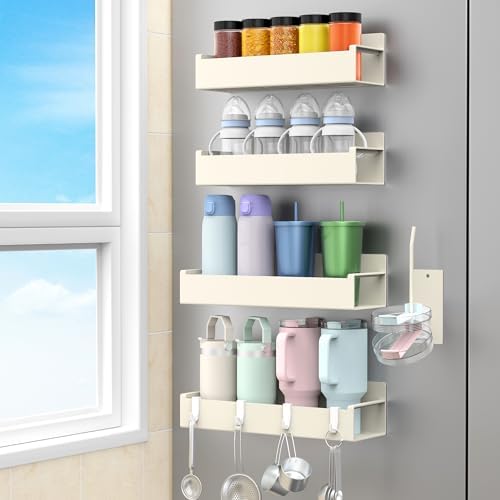 HuggieGems Magnetic Water Bottle Holder for Refrigerator, Cup Holder Organizer for Stanley and Tumbler for Kitchen, 4 Pack, Cream White