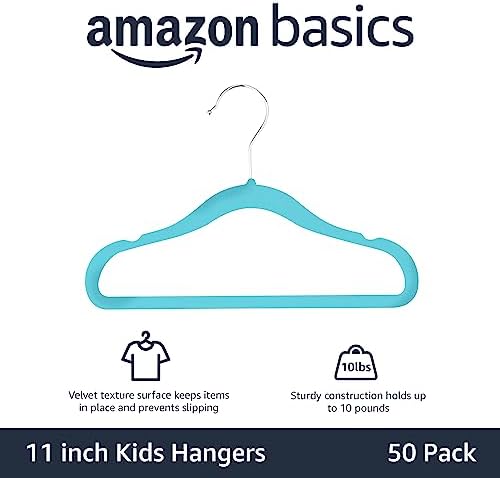 Amazon Basics Kids Velvet, Non-Slip Clothes Hangers for Infant and Toddler, 11.6 inches (for Baby Clothes), 50 Count, Blue (Pack of 4)