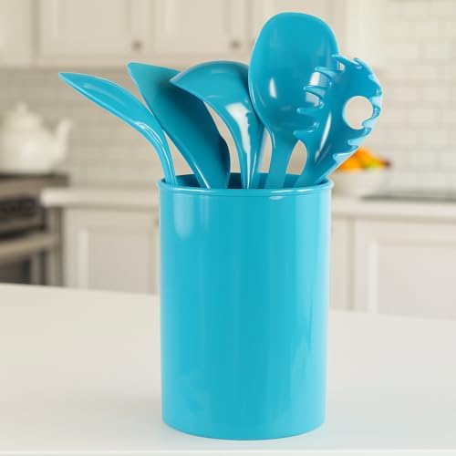 Reston Lloyd 6 Piece Kitchen Utensil Holder for kitchen counter, Utensils crock with Heat Resistant Spoon, Slotted Spoon, Ladle, Spatula BPA Free, Aqua-Blue