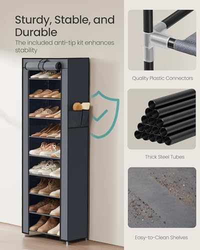 SONGMICS 10-Tier Shoe Rack with Cover, Shoe Storage Cabinet for 20 Pairs