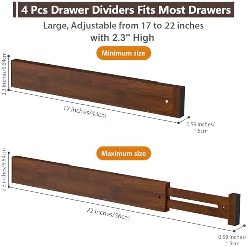 4 Pack Bamboo Drawer Dividers 17-22" Adjustable Kitchen Organizer, Mocha