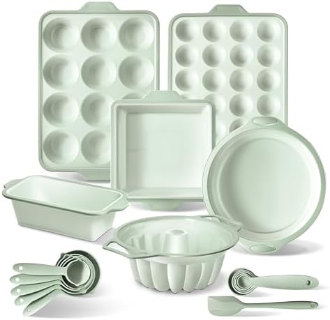 COOK WITH COLOR 17 Pc. Silicone Baking Pan Set - Non-Stick & Easy Clean Silicone Muffin Pans for Baking with Sturdy Metal Frame for Stability, Flexible Cake Molds, Includes Measuring Cups and Spoons