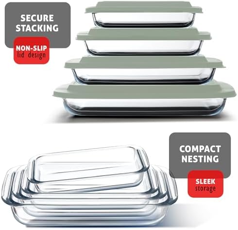 EATEX 16-Piece Deep Glass Casserole Dishes for Oven with Plastic lids, Rectangular Glass Baking Dish Set, Baking Pans for Lasagna,Leftovers, Cooking, Kitchen, Freezer-to-Oven & Dishwasher, Sage Green