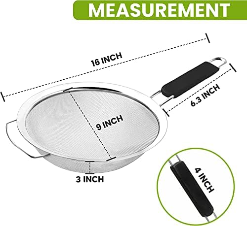 9" Large Fine Mesh Strainer with Thermo Plastic Rubber Handle - Sieve Fine Mesh Stainless Steel - Ideal Kitchen Essential to Strain Pasta, Quinoa and Rice
