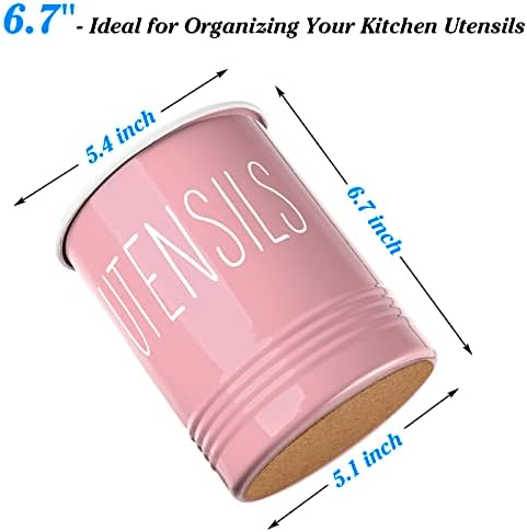 Bivvclaz Kitchen Utensil Holder - 6.7" Utensil Holder for Kitchen Counter - Cooking Utensil Crock with Cork Bottom - Pink Decor and Accessories - Utensil Storage Caddy Organizer
