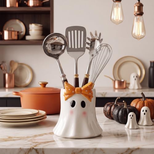 Yungyan Ceramic Bow Ghost Utensil Holder for Kitchen Halloween Accessories