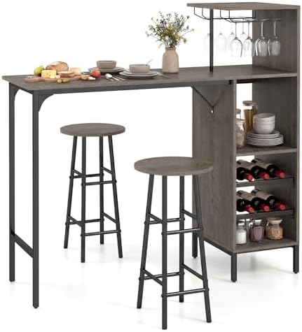 COSTWAY 3 Pieces Bar Table and Chair Set, Industrial Pub Table & Stools
