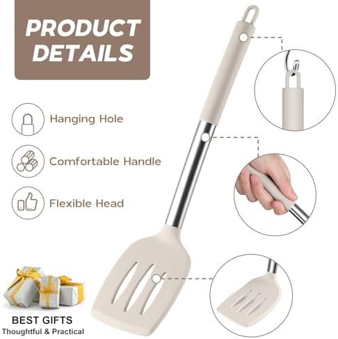 Onader Silicone Kitchen Utensils Set of 10, Cooking Utensils with Holder and Heat Resistant Stainless Steel Handle for Nonstick Cookware - Khaki
