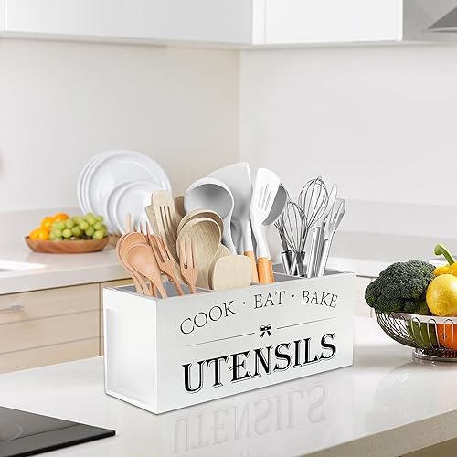 Suli Extra Large Utensil Holder Countertop for Kitchen Counter,Wood,White