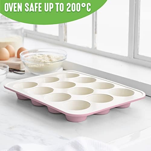 GreenLife 12-Cup Muffin Pan, Healthy Ceramic Nonstick Bakeware, PFOA & PFAS-Free Cupcake Sheet, Durable, Versatile Kitchen Essentials, Easy Clean Muffin Mold, Valentine’s Day gifting, Pink