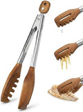 3-in-1 Kitchen Tongs & Pasta Server – 12 Inch Walnut Multifunction Tongs with Slotted Forked & Flat Tips for Pasta, Salad, Cooking and More – Elegant, Heat-Resistant Food Tongs for Home Cooks & Chefs