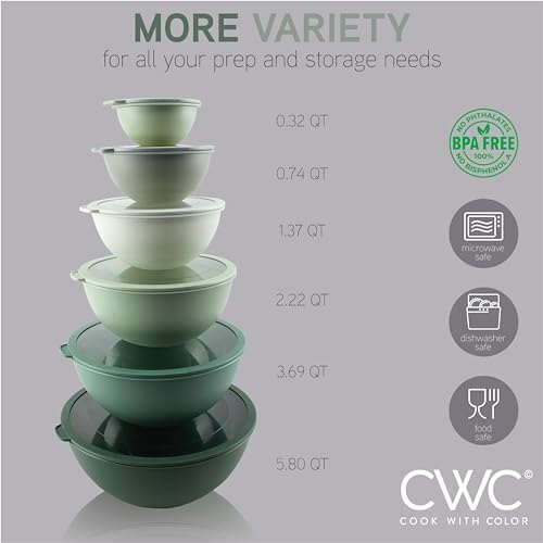 COOK WITH COLOR Mixing Bowls with Lids - 12 Piece Plastic Nesting Bowls Set includes 6 Prep Bowls and 6 Lids, Microwave Safe Mixing Bowl Set, Sage Tritan Lid