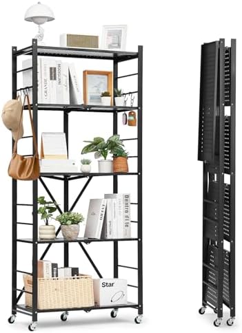 VEVOR 5-Tier Foldable Storage Shelf, 28W x 13D x 66H Inch Folding Metal Rack Shelving Unit, No Assembly Organizer Shelf with 5 Wheels & 4 Hooks for Pantry, Kitchen, Garage, Basement, Black