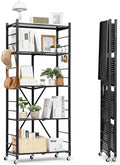 VEVOR 5-Tier Foldable Storage Shelf, 28W x 13D x 66H Inch Folding Metal Rack Shelving Unit, No Assembly Organizer Shelf with 5 Wheels & 4 Hooks for Pantry, Kitchen, Garage, Basement, Black