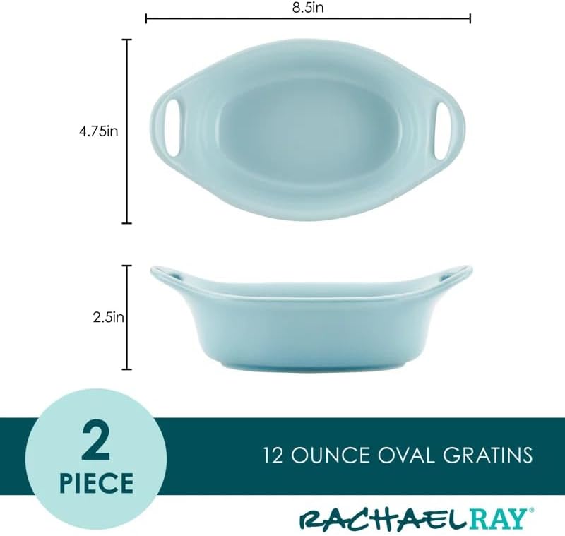 Rachael Ray Solid Glaze Ceramics Au Gratin Bakeware / Baker Set, Oval - 2 Piece, Gray