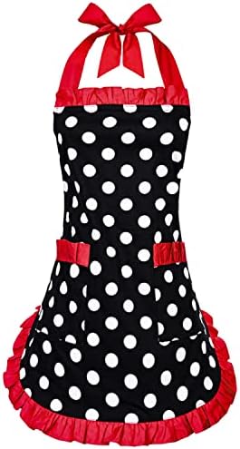 Violet Mist Vintage Aprons for Women with Pockets Girls Cute Polka Dot Retro Stylish Aprons Sexy Red 50s Apron Pretty Ruffle Adjustable Neck Strap Flirty Apron Valentine's Day Mothers Gifts, Red
