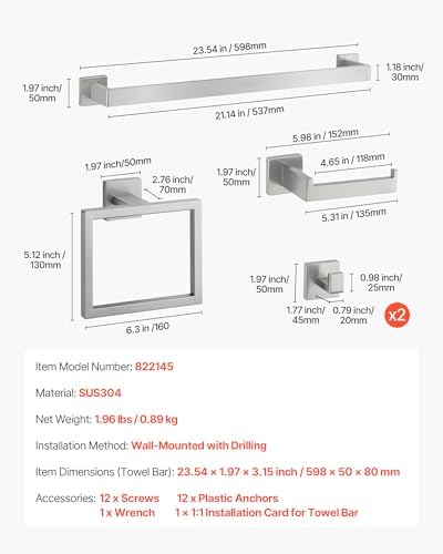 VEVOR Brushed Nickel Bathroom Hardware Set, 5 Pieces Bathroom Accessories Set, Stainless Steel 24 inch Towel Bar, Towel Rack, 2 Robe Towel Hooks, Toilet Paper Holder for Bath Room, Wall Mounted