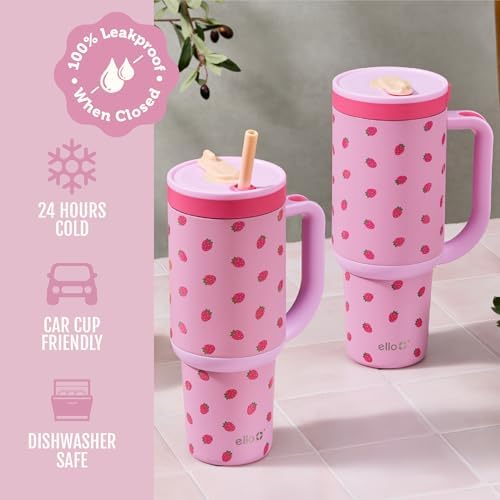 Ello Oasis 40oz Insulated Stainless Steel Tumbler with Straw, Strawberries