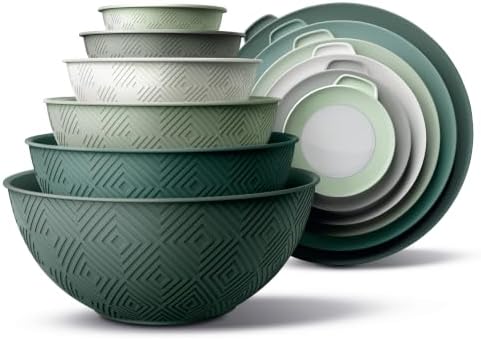 COOK WITH COLOR Mixing Bowls with Lids - 12 Piece Plastic Nesting Bowls Set includes 6 Prep Bowls and 6 Lids, Microwave Safe Mixing Bowl Set, Sage Rhombus
