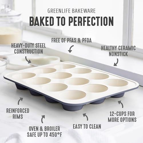 GreenLife 12 Cup Ceramic Nonstick Muffin Pan, Black