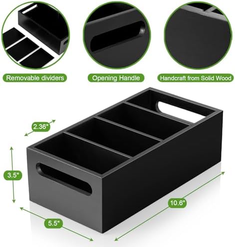 DRASTAR Pantry Organization and Storage Bins, Seasoning Packet Organizer with Removable Dividers,Wooden Storage Caddy for Kitchen, Pantry, Cabinet, Countertop, Black