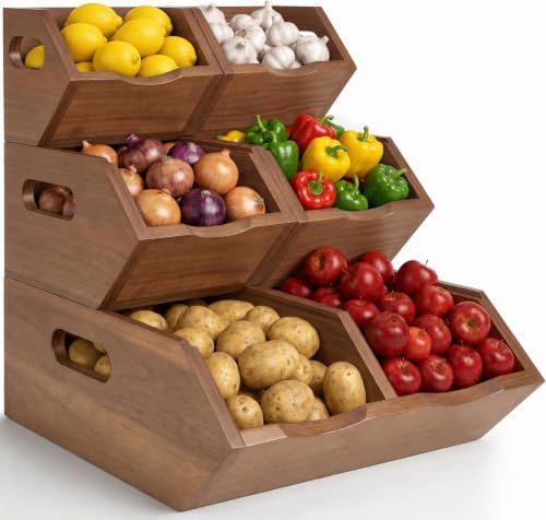 Stackable Storage Bins, 3 Tier Solid Acacia Wood Snack Produce Organizer