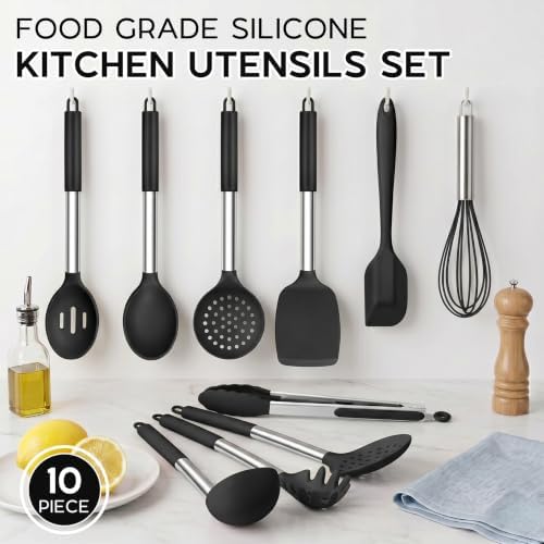 Onader Silicone Kitchen Utensils Set of 10, Cooking Utensils with Holder and Heat Resistant Stainless Steel Handle for Nonstick Cookware - Black