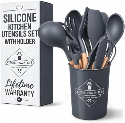 12 Pcs Gray Kitchen Utensils Set with Holder for Nonstick Cookware
