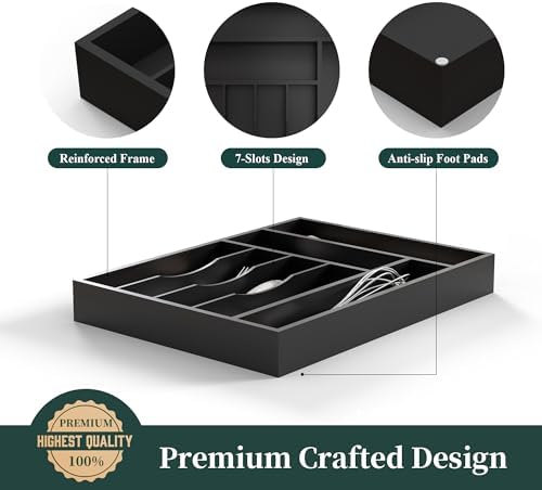 Silverware Organizer, Bamboo Kitchen Drawer Organizer, Utensil Holder, Cutlery Tray & Spoon Flatware Storage with Grooved Drawer Dividers (Black, 12''W x 16.5''D)