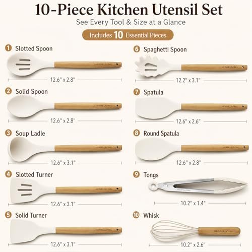 Silicone 10 Pcs Kitchen Cooking Utensils Set, Recycled Materials Certification, BPA Free Spatula Set with Heat Resistant Wood Handles for Nonstick Cookware, Cream White