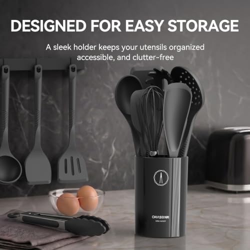 Silicone Cooking Utensils Set - 600°F Heat Resistant, Nonstick Kitchen Utensil Set with Spatulas, Spoons, Whisk, Tongs, BPA Free, Dishwasher Safe (Gray)