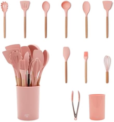 GreenLife 11 Piece Silicone Utensil Crock Set, Nonstick Kitchen Tools, Ladle, Turner, Slotted Turner, Spatula, Spoon, Spaghetti Server, Brush, Whisk, Tongs, Crock, Dusty Pink
