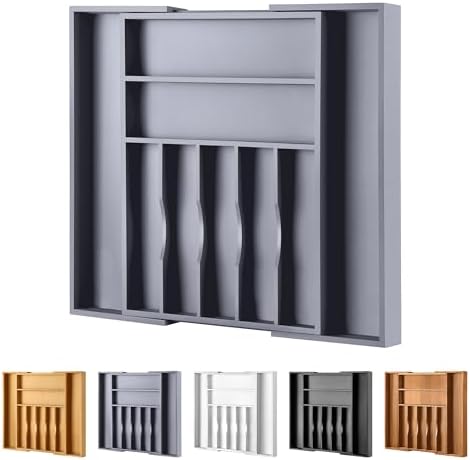Large Premium Bamboo Silverware Organizer - Expandable Drawer Organizer & Utensil Organizer - 17"x19.7" Cutlery Tray with Dividers for Kitchen Utensils and Flatware (7-9 Slots) (Grey)