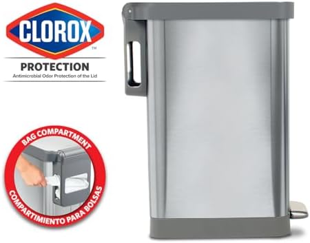 Glad Slim Trash Can with Clorox Odor Protection - Narrow Kitchen Garbage Bin with Soft Close Lid, Step On Foot Pedal and Waste Bag Roll Holder, All Stainless, 12 Gallon/45 Liter