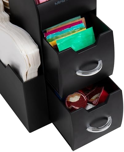 Mind Reader Cup and Condiment Station, Countertop Organizer, Coffee Bar, Kitchen, Stirrers, 5.35"W x 11.25"L x 11.15"H, Black