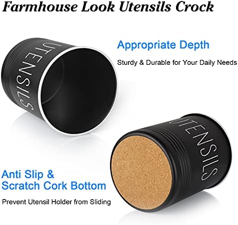 Bivvclaz Kitchen Utensil Holder, 6.7" Utensil Holder for Kitchen Counter, Cooking Utensil Crock with Cork Bottom, Modern Farmhouse Decor, Countertop Utensil Storage Organizer Caddy, Black
