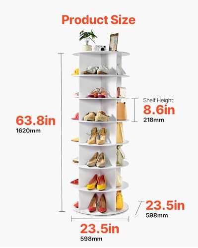 VEVOR 7 Tiers Rotating Shoe Rack Tower, 360° Spinning Shoe Rack, Revolving Storage Round Carousel Display, Freestanding Lazy Susan Organizer Display for Bedroom, Living Room, Entryway, Closet, White