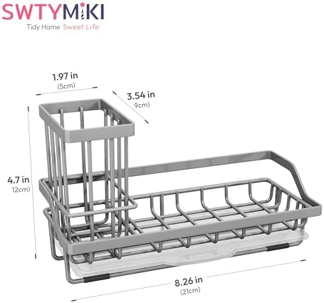 SWTYMIKI Sink Caddy Sponge Holder - Kitchen Sink Organizer with High Brush Holder for Countertop to Hold Dish Soaps and Sponges, Stainless Steel, Gray