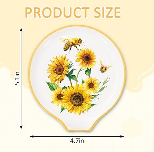 JarThenaAMCS 2Pcs Summer Bee Ceramic Spoon Rest Yellow Black Sunflower Bee Small Coffee Spoon Holder for Stove Top Stirrers Teaspoon Bar Coffee Station Accessories,4.7 Inch