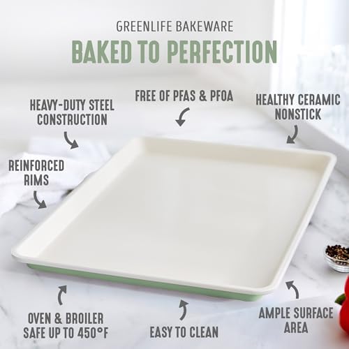 GreenLife Bakeware 18” x 13” Half Cookie Sheet Baking Pan, Non-Toxic PFAS-Free Healthy Ceramic Nonstick, Oven Safe to 450°F, Easy Release, Even Heating, Easy Clean, Sage
