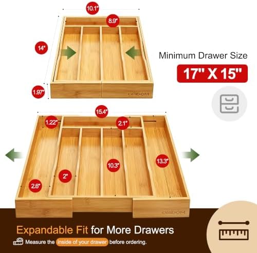 Expandable Bamboo Kitchen Drawer Organizer for Cutlery and Utensils, Adjustable Bamboo Wood Cutlery Tray in Drawer for Flatware and Silverware in Kitchen, (Natural)