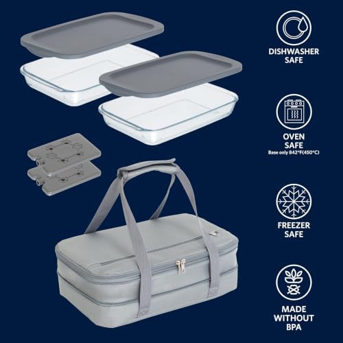 Glad Cook & Take Set - Glass Baking Dishes with Lids, Insulated Carrier, and Cold Packs - Easily Transport Hot/Cold Casseroles - Borosilicate Glass Bakeware with Zippered Tote Bag