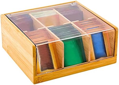 Restaurantware-8.5 x 8 x 3.5 Inch Tea Box Organizer, 1 Sustainable Tea Box Container - 6 Compartments, With Plastic Cover, Bamboo Tea Bag Organizer Storage Box, Durable, For Countertops And Cabinets