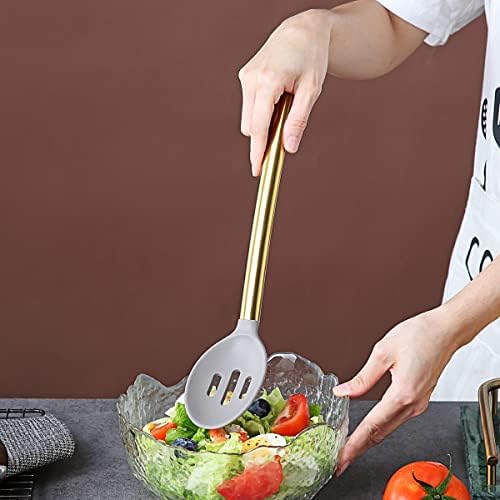 Berglander Non-stick Silicone Slotted Spoon, Titanium Gold Plated Handle, Basting Spoon, Dishwasher Safe, Easy to Clean