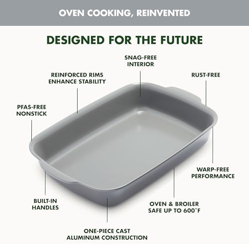 GreenPan Premiere Ovenware Healthy Ceramic Nonstick 13" x 9" Rectangular Baking Pan, Cast Aluminum Bakeware, Warp-Free, Oven and Broiler safe to 600F,Dishwasher Safe, PFAS-Free, Gray