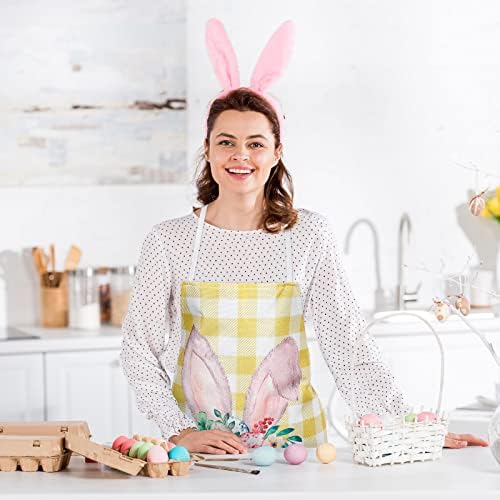 Whaline 4 Pack Happy Easter Aprons Buffalo Plaid Chef Cooking Aprons Colorful Bunny Egg Flower Adjustable Washable Kitchen Apron Collection for Spring Dinner Baking BBQ Grilling Supplies