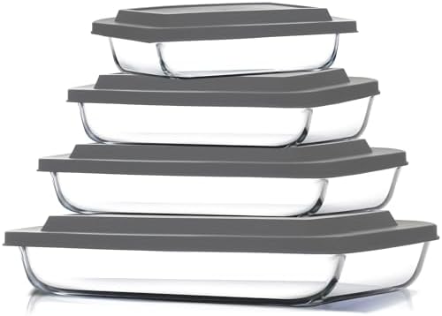 EATEX 8-Piece Deep Glass Casserole Dishes for Oven with Plastic lids, Rectangular Glass Baking Dish Set, Baking Pans for Lasagna, Leftovers, Cooking, Kitchen, Freezer-to-Oven and Dishwasher, Gray