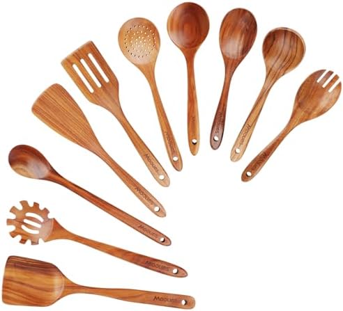 Mooues Wooden Spoons for Cooking, Wooden Utensils for Cooking Natural Teak Wooden Kitchen Utensils Set Comfort Grip (10 PCS SET)