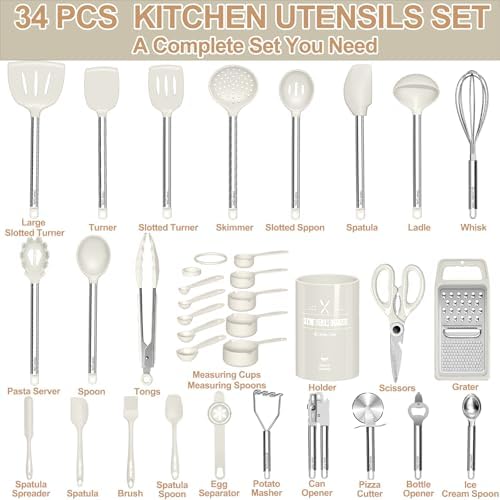 Kitchen Utensils Set-Umite Chef 34 Pcs Silicone Cooking Utensils Set for Nonstick Cookware-Silicone Spatulas Set, Stainless Steel Handle-White Kitchen Gadgets Tools, Pots and Pans Accessories